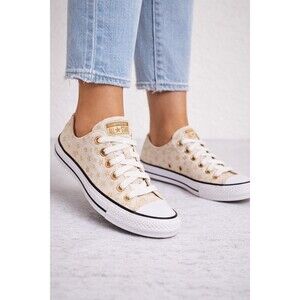 Converse Chuck Taylor All Star Low Top Cream Gold Star Print Sneakers Girls...